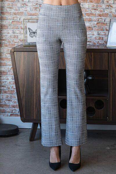 Heimish full size plaid flare pants with wide waistband, plus size, featuring a stylish checkered pattern and comfortable fit.