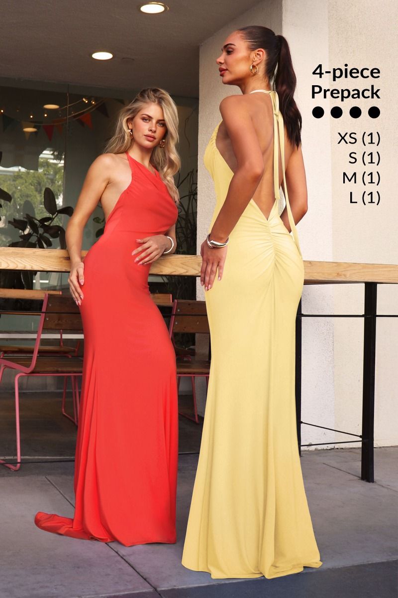 Blue and pink CIND evening sheath gown with open back and flowing drape, perfect for a daring night out.