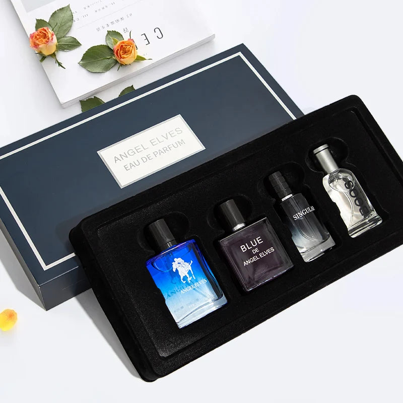 Veltora luxury men's cologne gift set with four 30ml bottles featuring vanilla and cologne scented pheromone perfumes