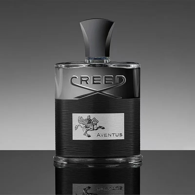 Veltora Creed Aventus Eau De Parfum 120ml bottle with fruity woody scent, long-lasting men's perfume on a sleek display.