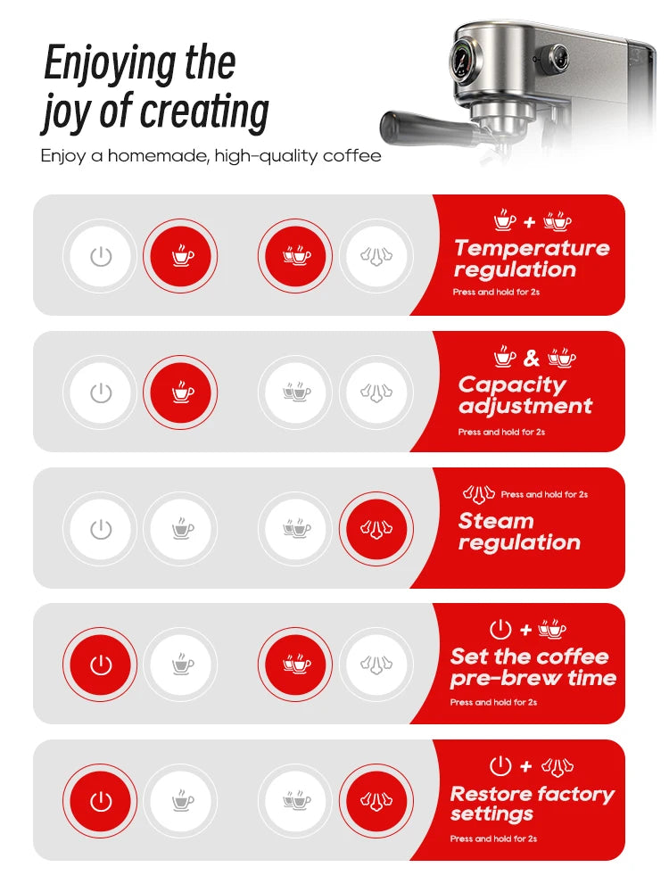 Veltora HiBREW 20Bar semi-automatic espresso coffee machine with sleek design, temperature control, and cappuccino-making capabilities.