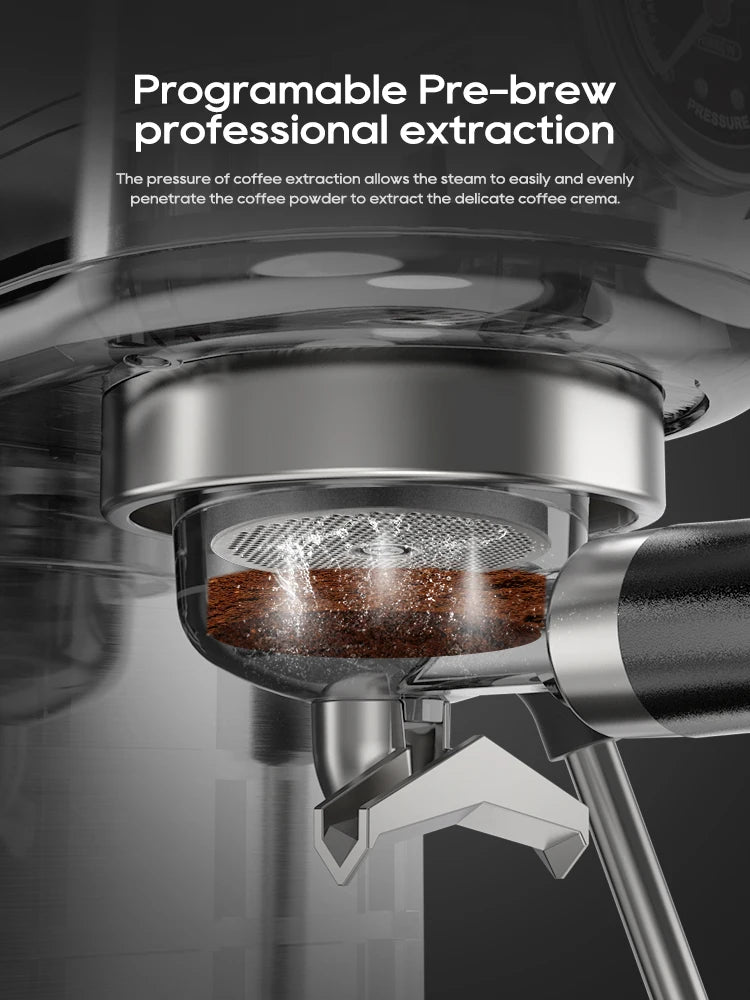 Veltora HiBREW semi-automatic espresso coffee machine with temperature control, slim design, and cappuccino-making features.