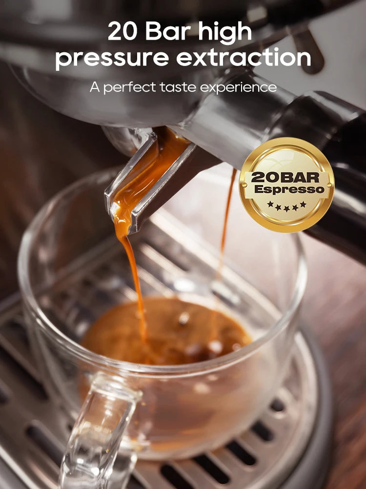 Veltora HiBREW 20Bar semi-automatic espresso coffee machine with adjustable temperature, slim design, and cappuccino capability.