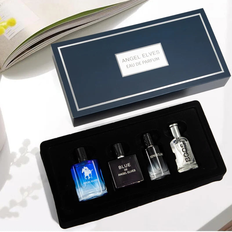 Veltora 4-piece luxury men's cologne gift set with 30ml vanilla and pheromone perfumes, featuring sleek bottles and elegant packaging.