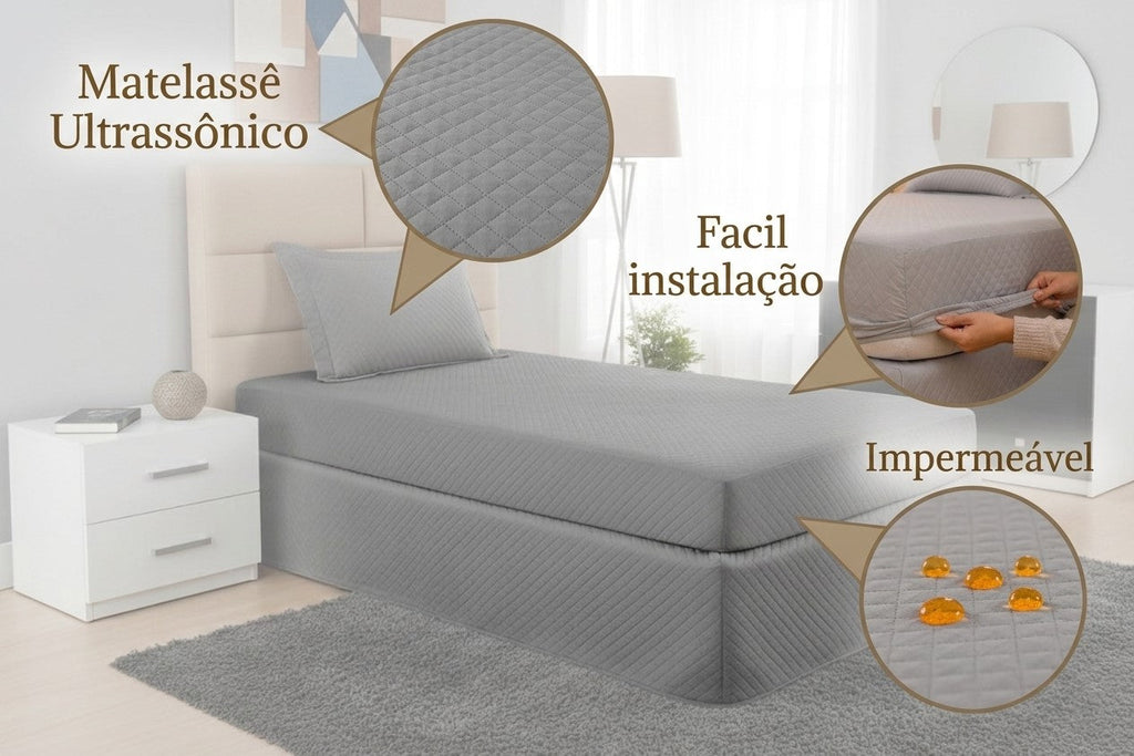Gray Maison Charlo waterproof quilted mattress protector for single bed, made of soft bedding fabric.