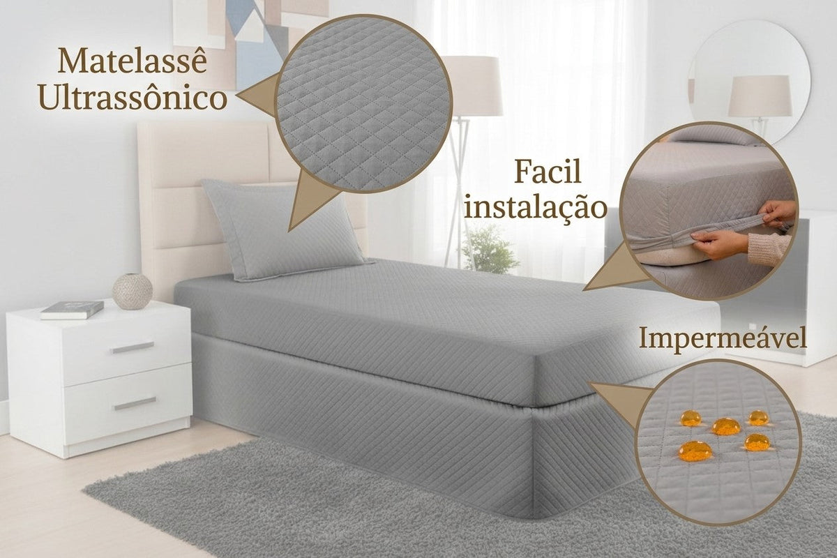 Gray Maison Charlo waterproof quilted mattress protector for single bed, made of soft bedding fabric.