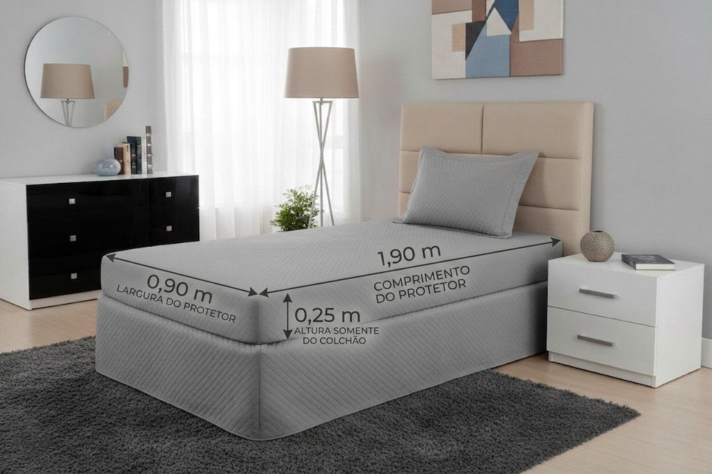 Maison Charlo waterproof quilted gray single mattress protector, bedding set, showing soft padded fabric and secure fit.
