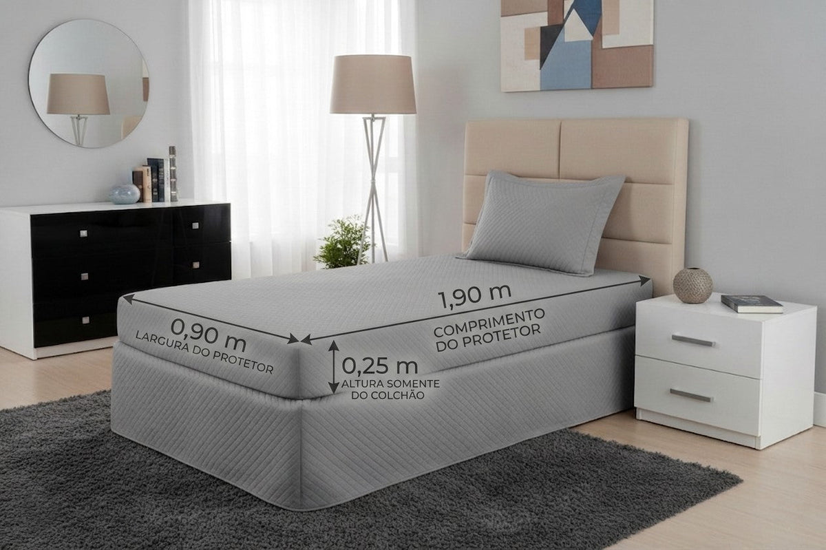 Maison Charlo waterproof quilted gray single mattress protector, bedding set, showing soft padded fabric and secure fit.
