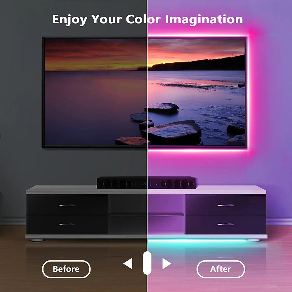 Veltora Bluetooth USB LED strip light with RGB 5050 SMD, flexible self-adhesive lamp tape for TVs and desktops.