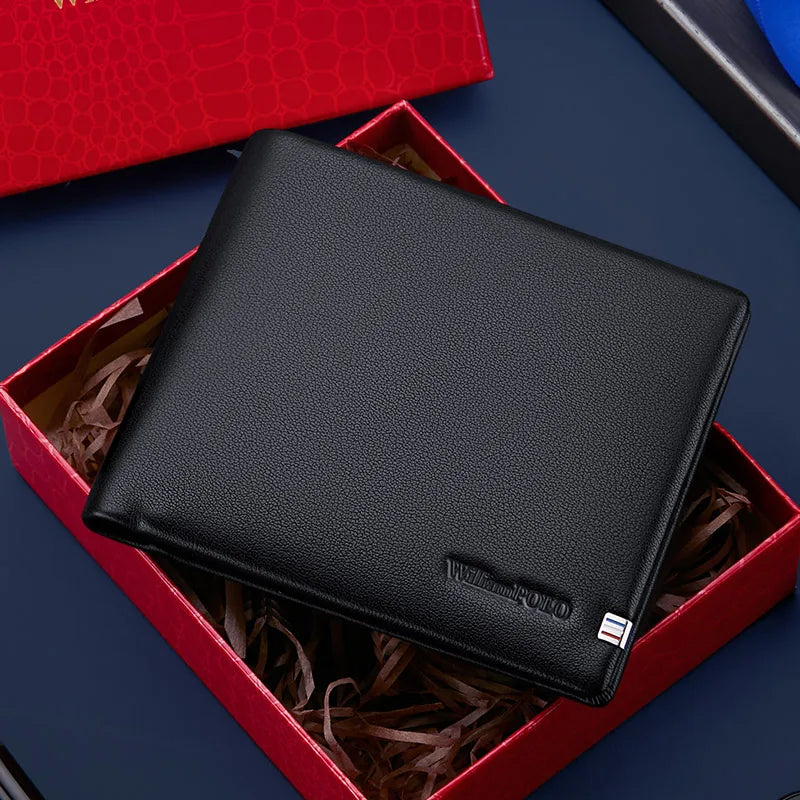 Veltora WilliamPolo real leather RFID wallet with card holder, slim Mont Blanc-style design, featuring cash safes and luxury details.