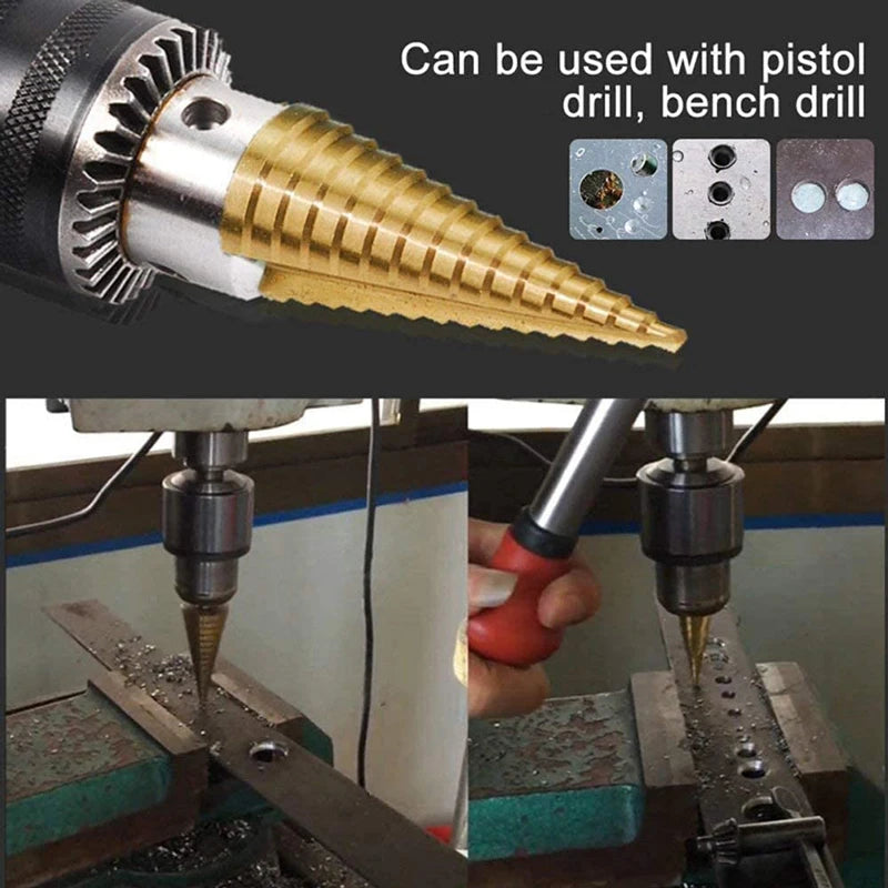 Veltora HSS titanium coated step drill bit set with adjustable sizes from 4 to 32 mm for metal and wood drilling.