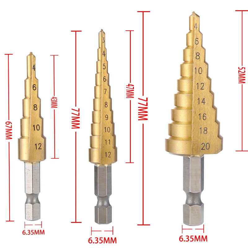 Veltora HSS titanium-coated step drill bit for metal and wood, 4-32 mm, high-speed steel cone hole cutter in image.