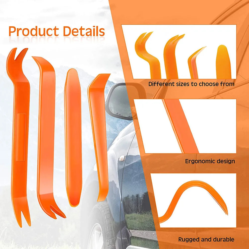 Veltora auto trim removal tool for car door panels and radio audio installation, featuring pry bar and clip removal tools.