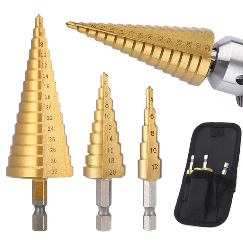 Veltora HSS titanium-coated step drill bit with 4-32 mm range for metal and wood drilling, high-speed steel cone hole cutter tool