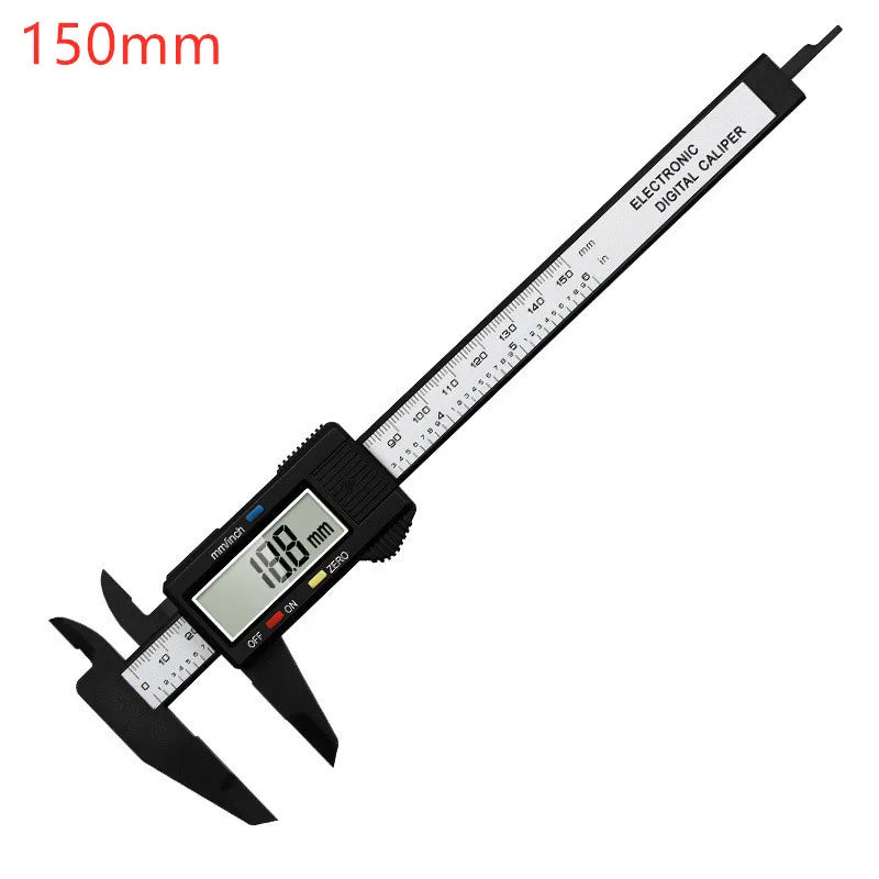 Veltora digital caliper with carbon fiber body showing measurement display and sliding scale for precise dimension reading