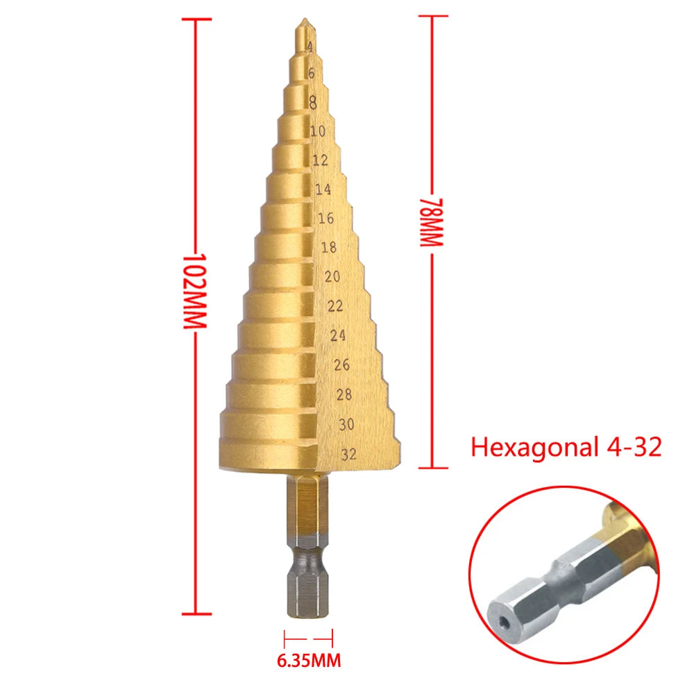 Veltora titanium coated step drill bit for metal and wood, 4-32 mm, high-speed steel cone hole cutter with adjustable steps
