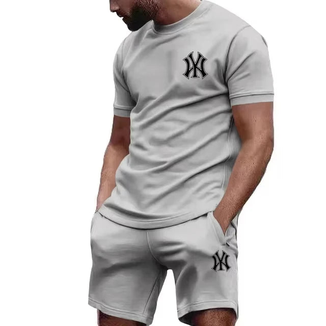 Veltora men's two-piece sportswear set with short sleeve T-shirt and pants, ideal for running and fitness in summer.