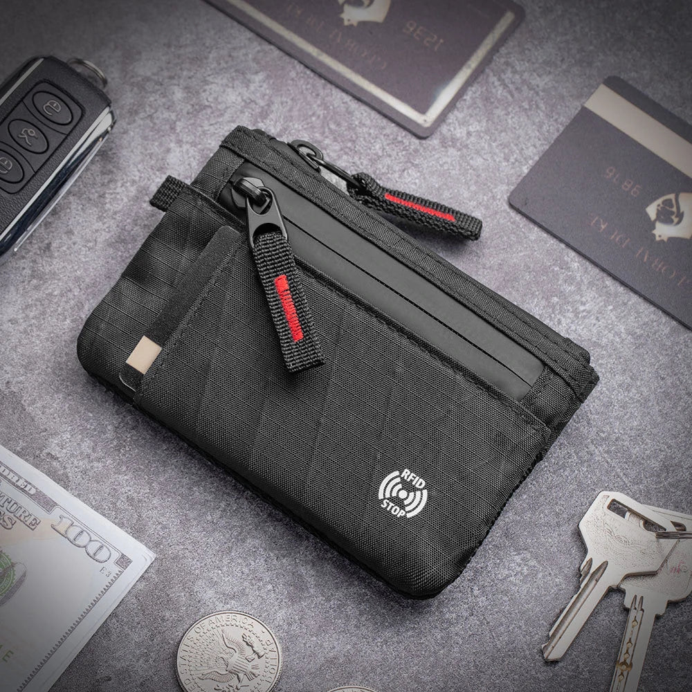 Veltora RFID anti-theft ultra-thin unisex wallet with zippered coin pocket, multiple card compartments, portable lightweight design.