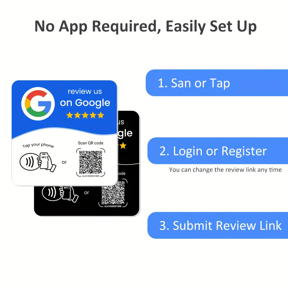 Veltora Hilo Programmable NFC 215 Square Google review card with QR code, editable standing NFC station table card, 13.56MHz frequency.