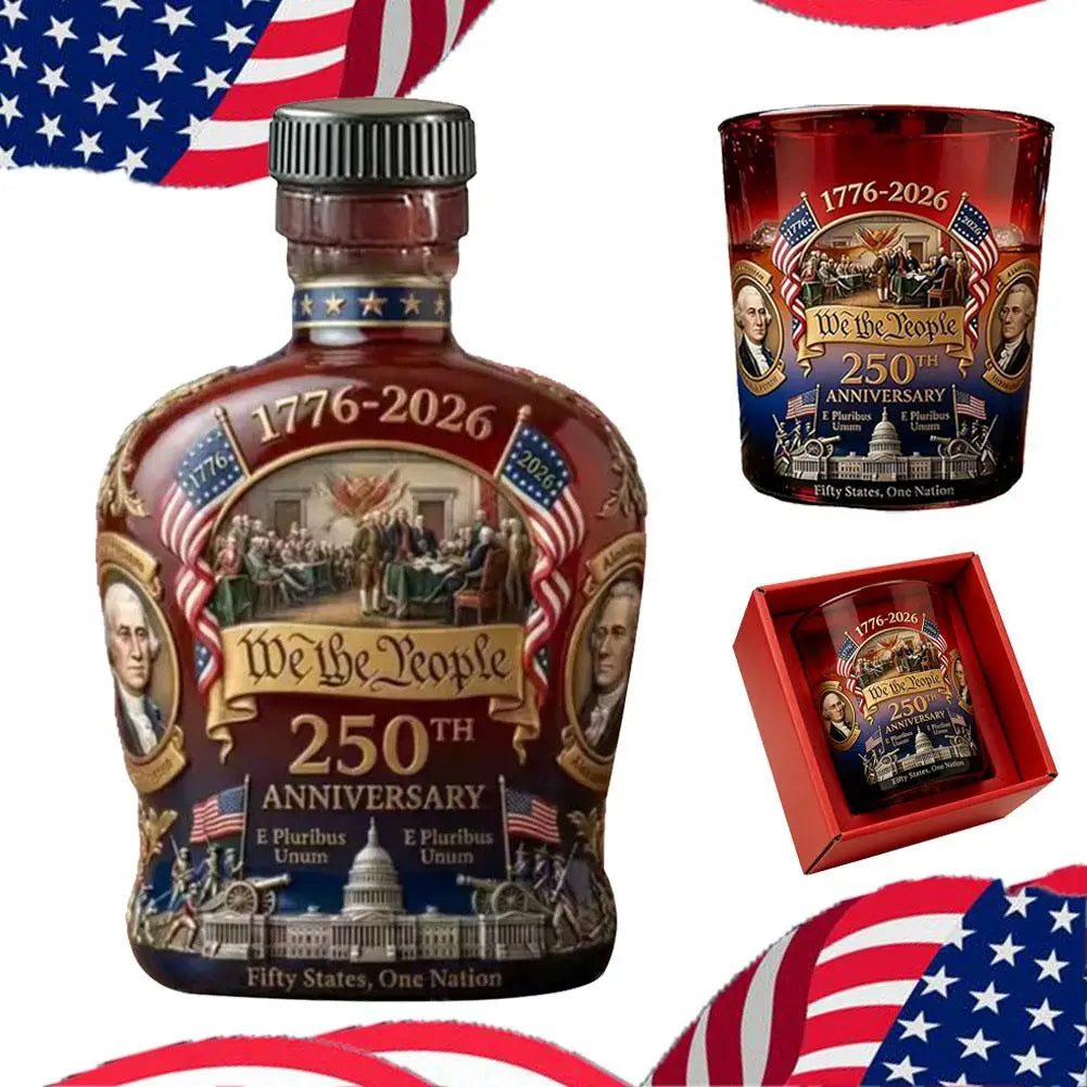 Veltora U.S. 250th Anniversary commemorative whiskey bottle and water cup, beautifully designed for collection displays