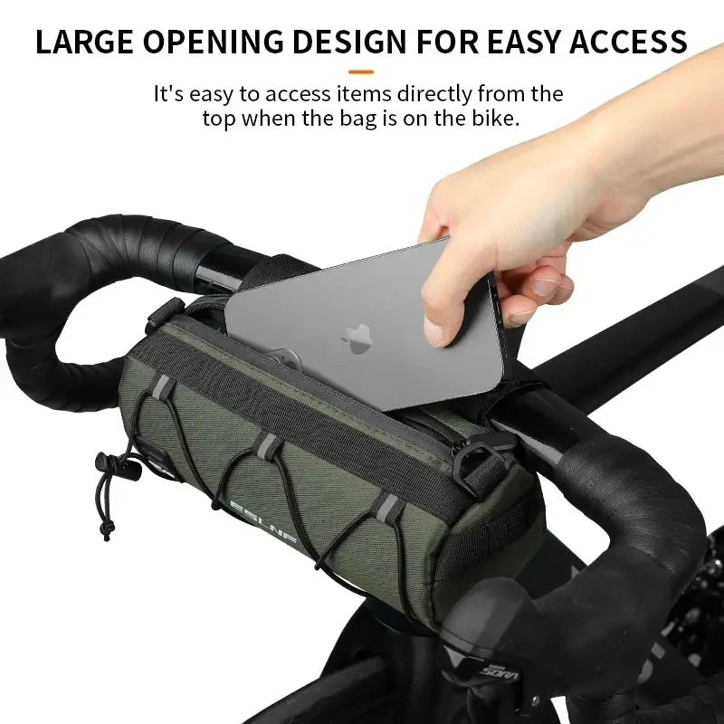Veltora waterproof road bicycle handlebar bag with multiple compartments mounted on a mountain bike frame for outdoor cycling.