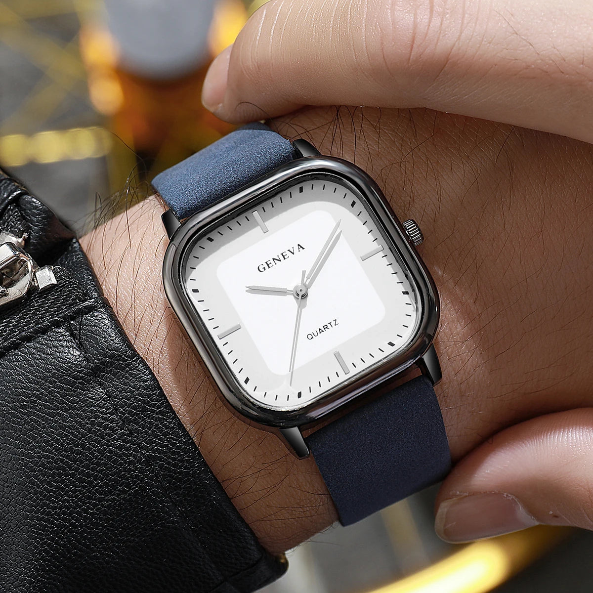 Veltora men's minimalist square dial quartz wristwatch with casual leather strap, stylish and sleek for everyday wear.