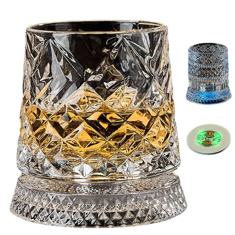 Veltora 260ml rotating whiskey glass with crystal design, premium beer cup, and sturdy base for straight drinks and liquor.