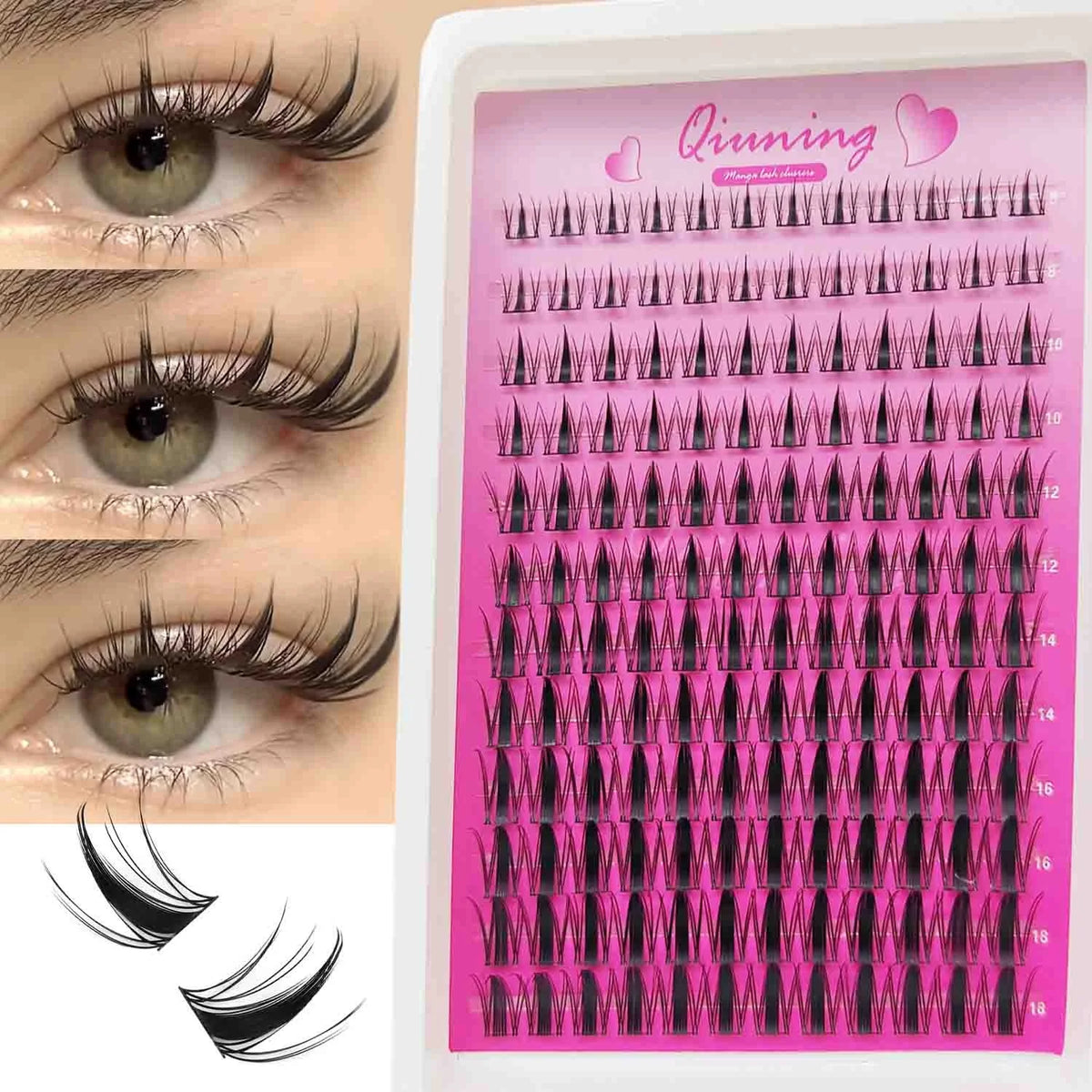 Veltora QIUNING Manga Lash Clusters Kit with cat lash extensions, lash bond, and seal in mixed tray for natural, dramatic eyelash looks.