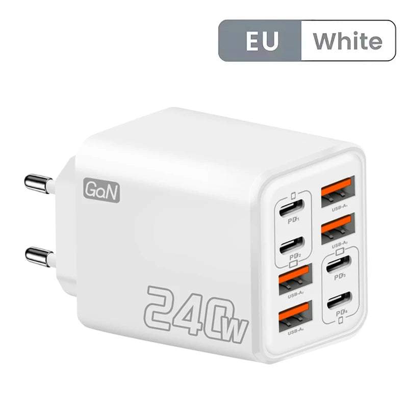 Veltora 240W GaN USB C charger with 8-in-1 fast charging ports for iPhone, Samsung, Xiaomi, EU/US plug wall charger