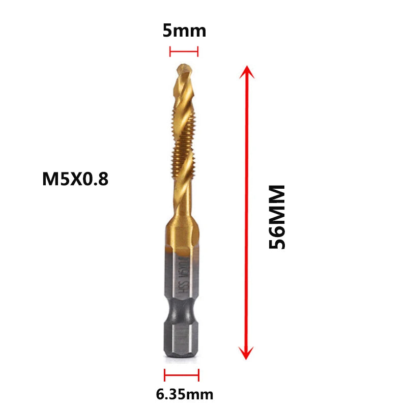 Veltora titanium plated HSS screw thread metric tap drill bits set with hex shank for M3 to M10 screw machining and hand tools