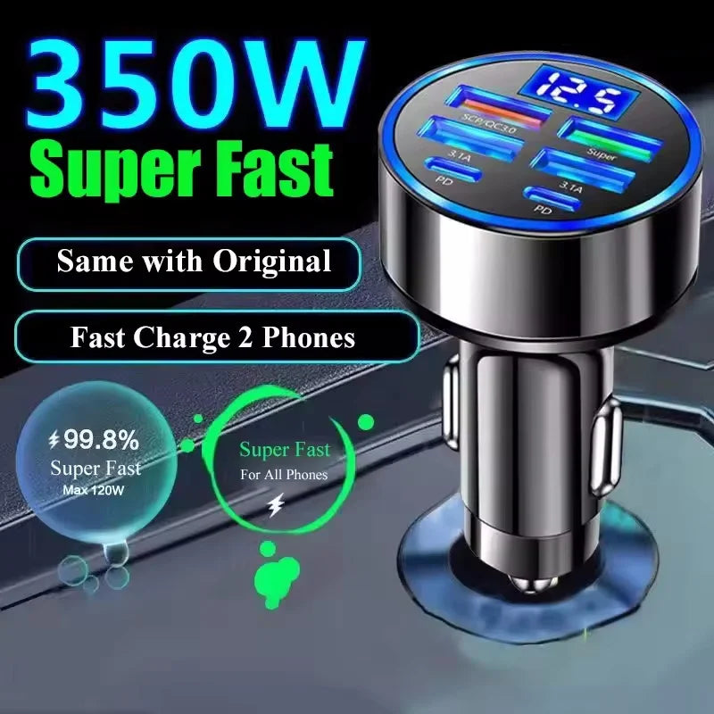 Veltora 350W USB car charger with Type C port, PD and QC3.0 fast charging for iPhone, Samsung, Huawei, Xiaomi devices