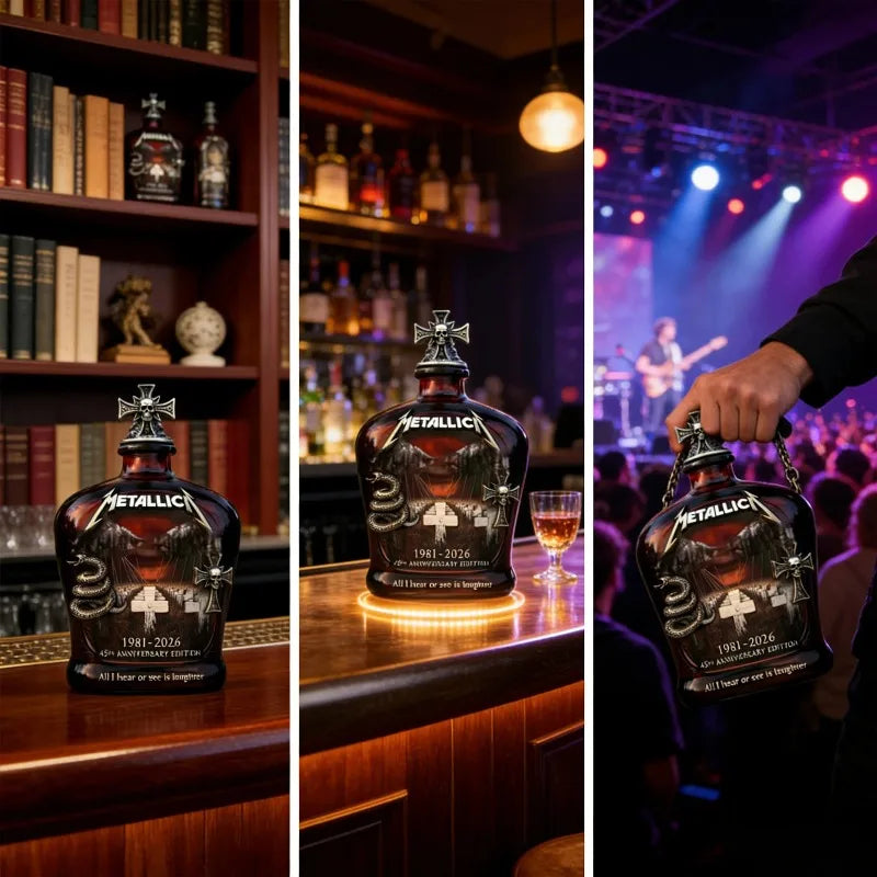 Veltora Metallica 45th Anniversary limited edition whiskey decanter with skull cross design, rock band collectible glass bottle.
