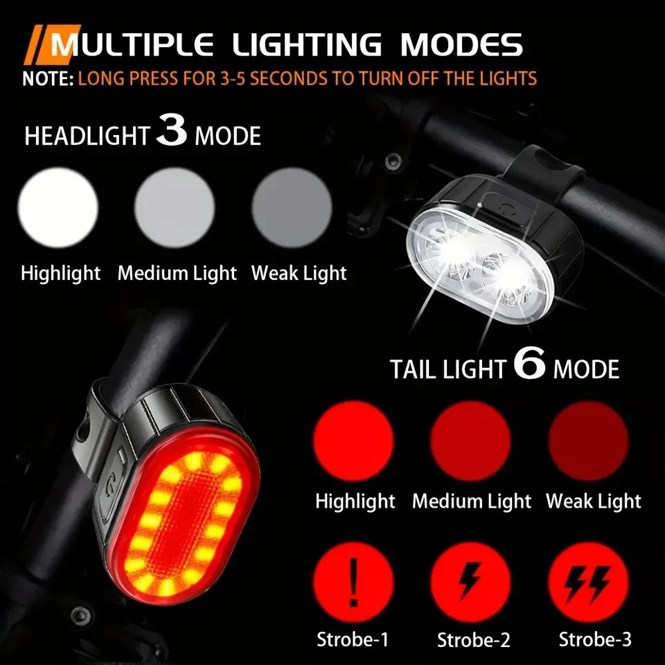 Veltora rechargeable bike front and rear LED lights, cycling lamp with flashlight function, mounted on bicycle for visibility.