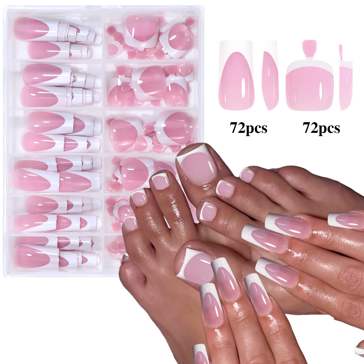 Veltora 144-piece French black pink short square false nail set for hands and feet, press-on acrylic full cover nail art.
