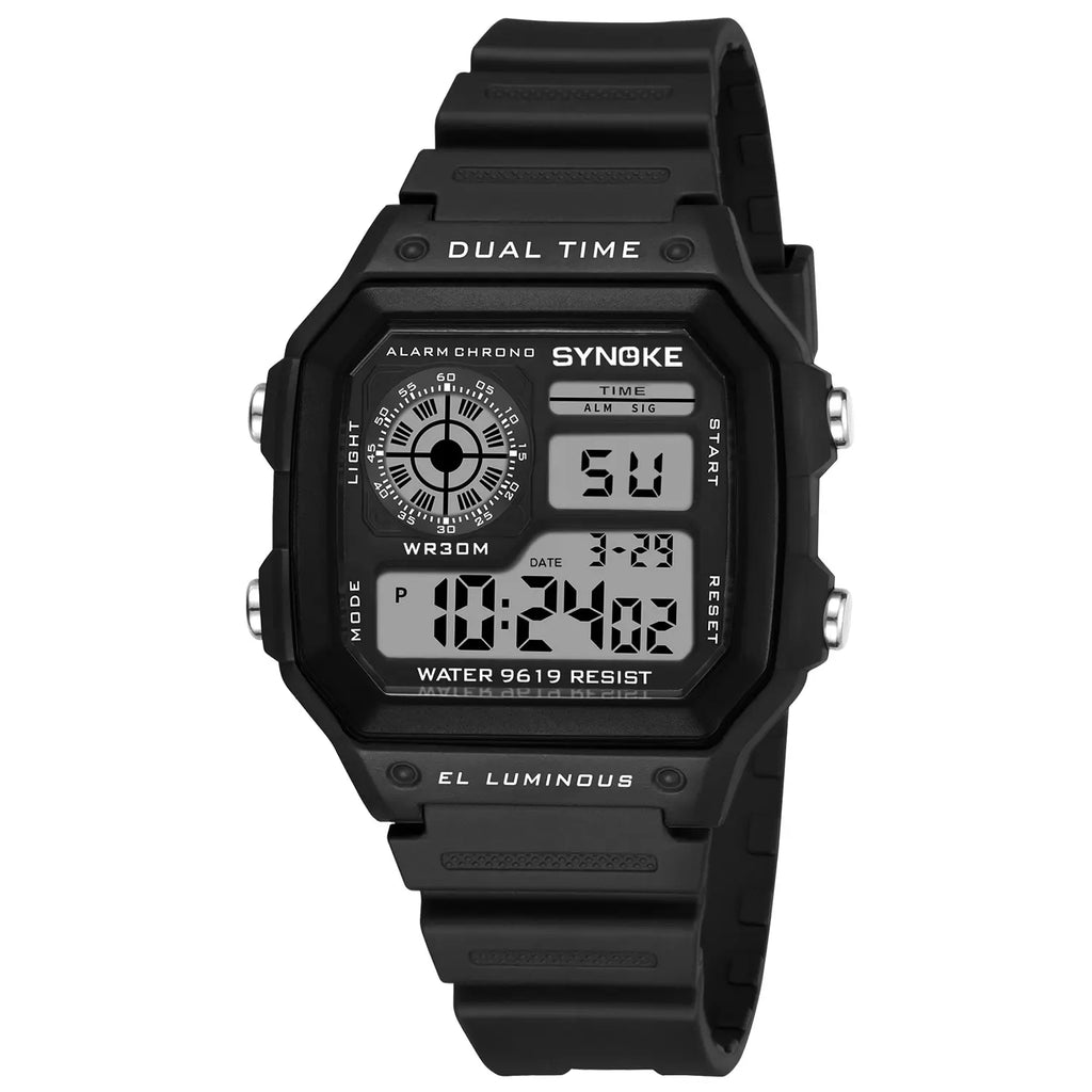 Veltora SYNOKE military digital men's sports watch with luminous display, waterproof chronograph, and electronic wrist design.