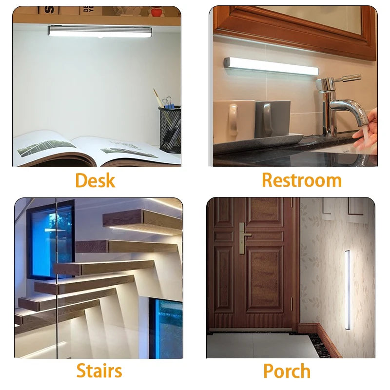 Wireless LED motion sensor night light by Veltora, rechargeable Type C cabinet and staircase backlight for kitchen and wardrobe illumination.