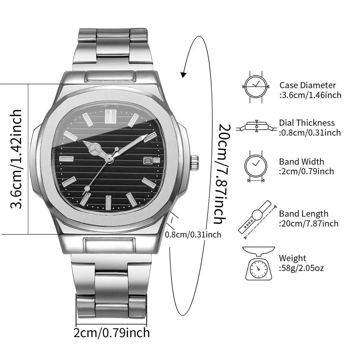 Veltora men's luxury business watch with square dial, stainless steel strap, quartz movement, and calendar display.