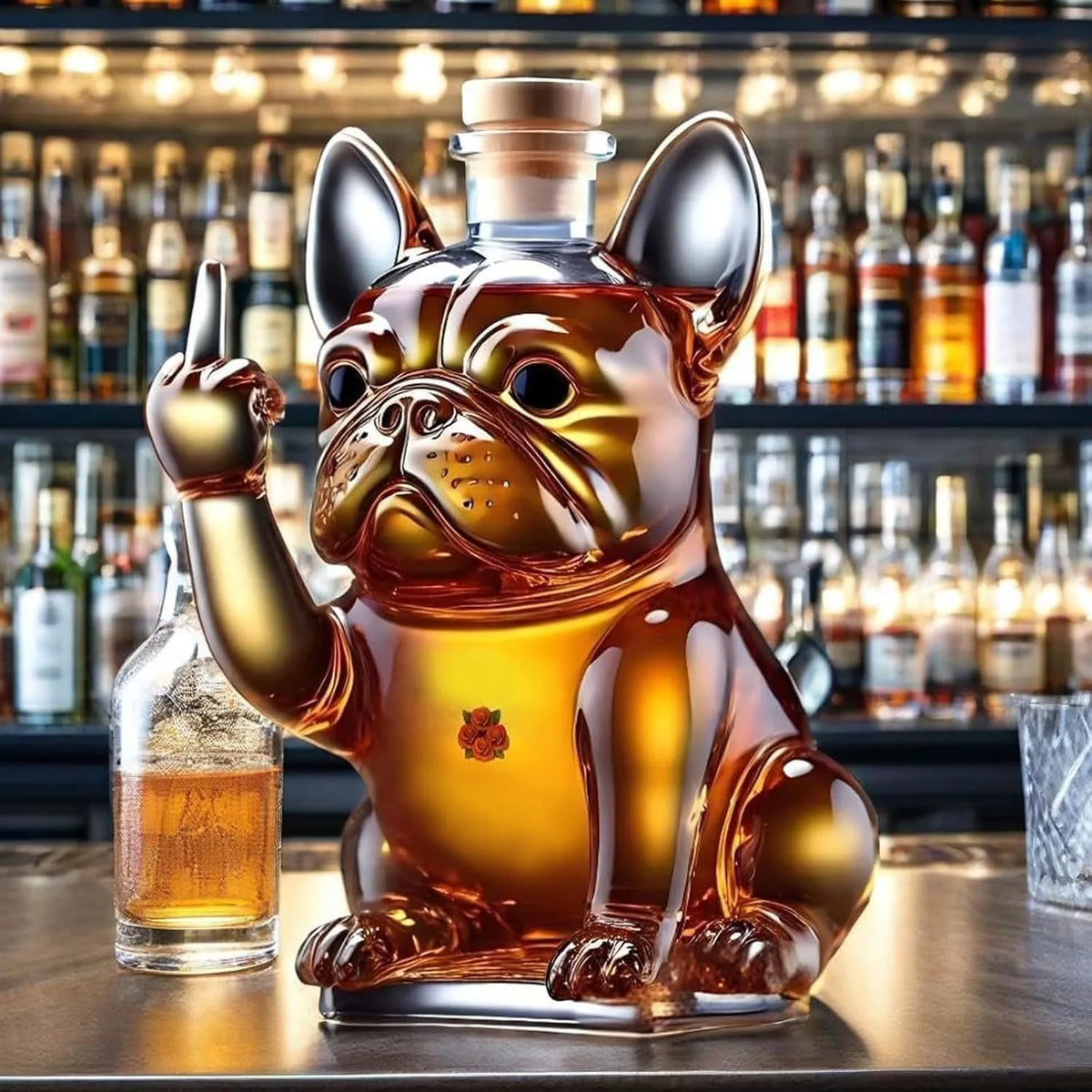 Veltora funny French Bulldog whiskey bottle with a playful middle finger design and a matching dog-shaped wine glass.