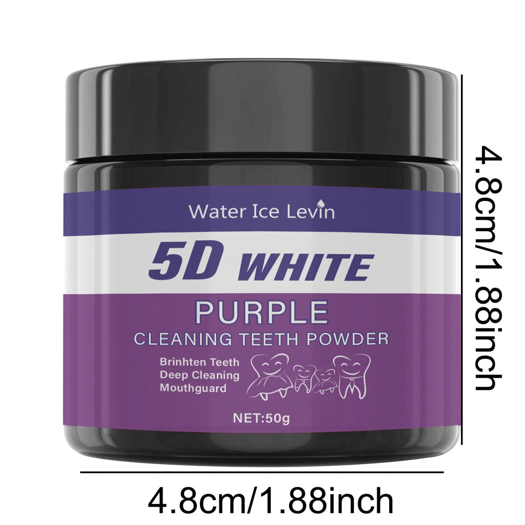 Veltora purple tooth cleaning powder in a jar, showing the sulfate-free formula, deep cleaning, polishing, and whitening features.