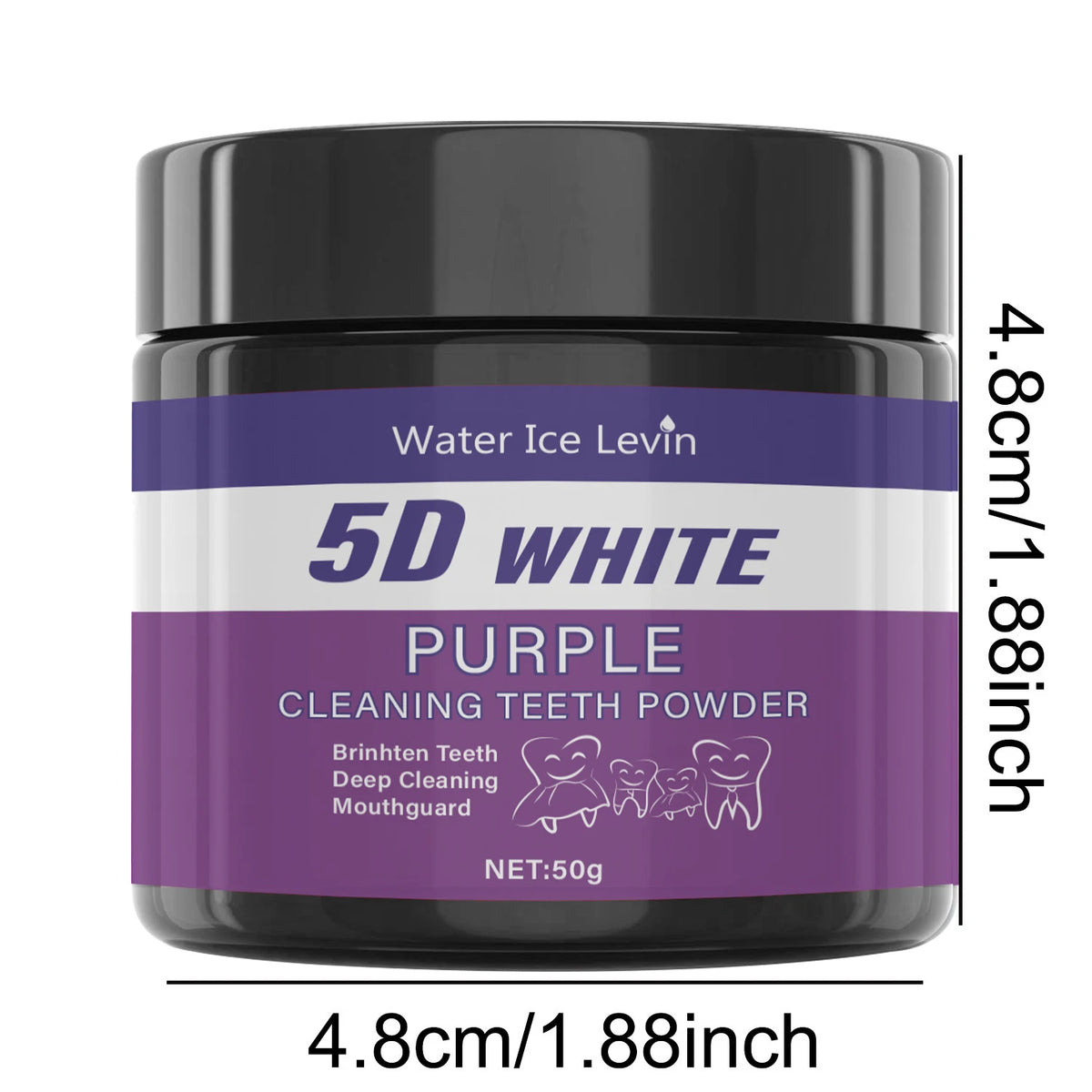 Veltora purple tooth cleaning powder in a jar, showing the sulfate-free formula, deep cleaning, polishing, and whitening features.