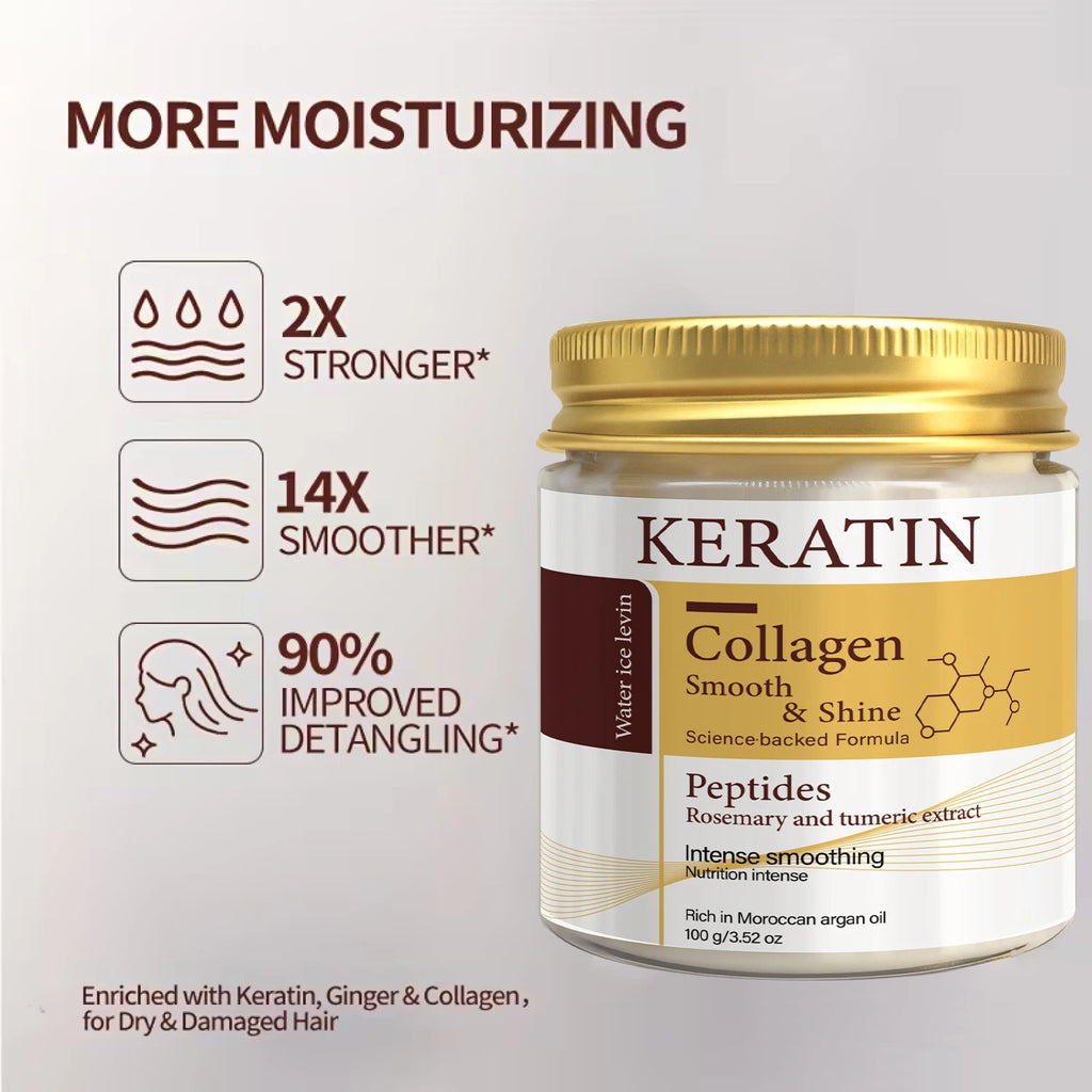 Veltora Keratin Collagen Hair Mask with peptides and rosemary, showing a jar of deep conditioning treatment for shiny, smooth hair.