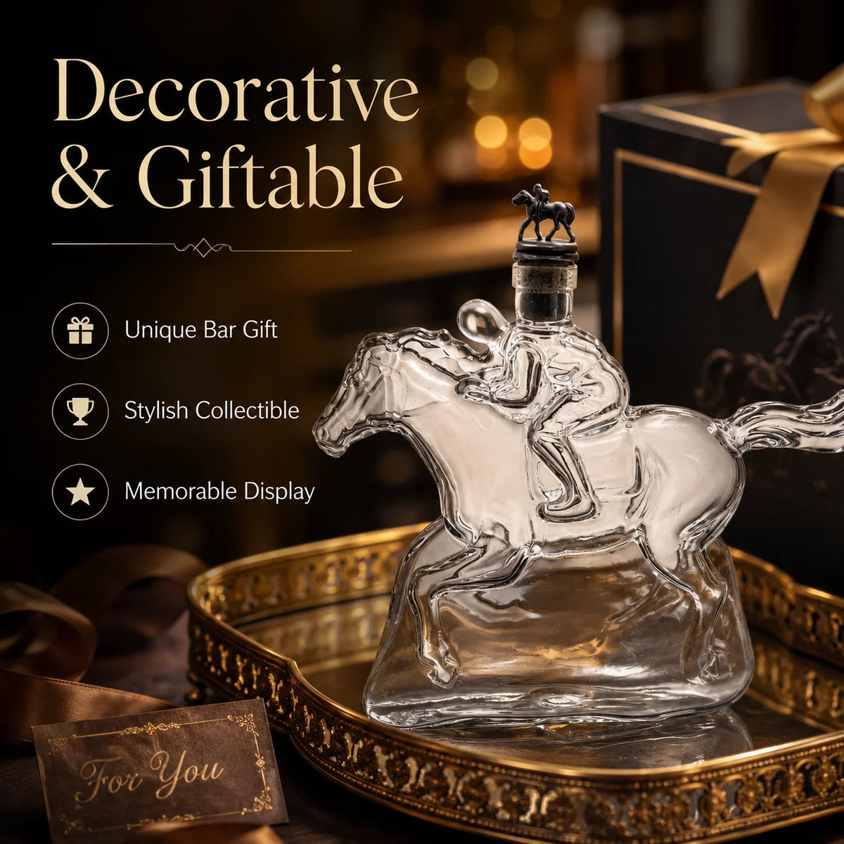 Veltora racing horse jockey crystal glass decanter with stopper, whiskey liquor bottle for bar decor and gift, detailed horse figure.
