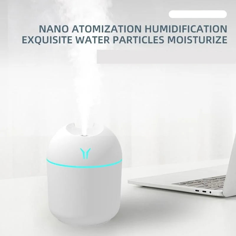 Veltora 250ML USB Mini Air Humidifier and Essential Oil Diffuser with LED color lamp, ultrasonic mist maker for home or car use.