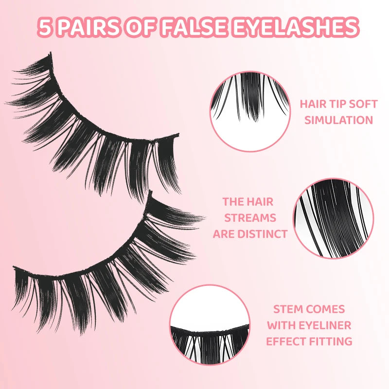 Veltora DINGSEN 5 Pairs manga-style false eyelashes with soft, natural long wispy strips for anime-inspired eye makeup.