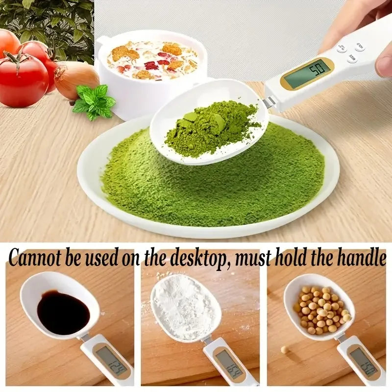 Veltora mini digital kitchen scale with spoon, LCD display, measuring 0.1-500g for cooking flour, milk, coffee powder, and food weighing
