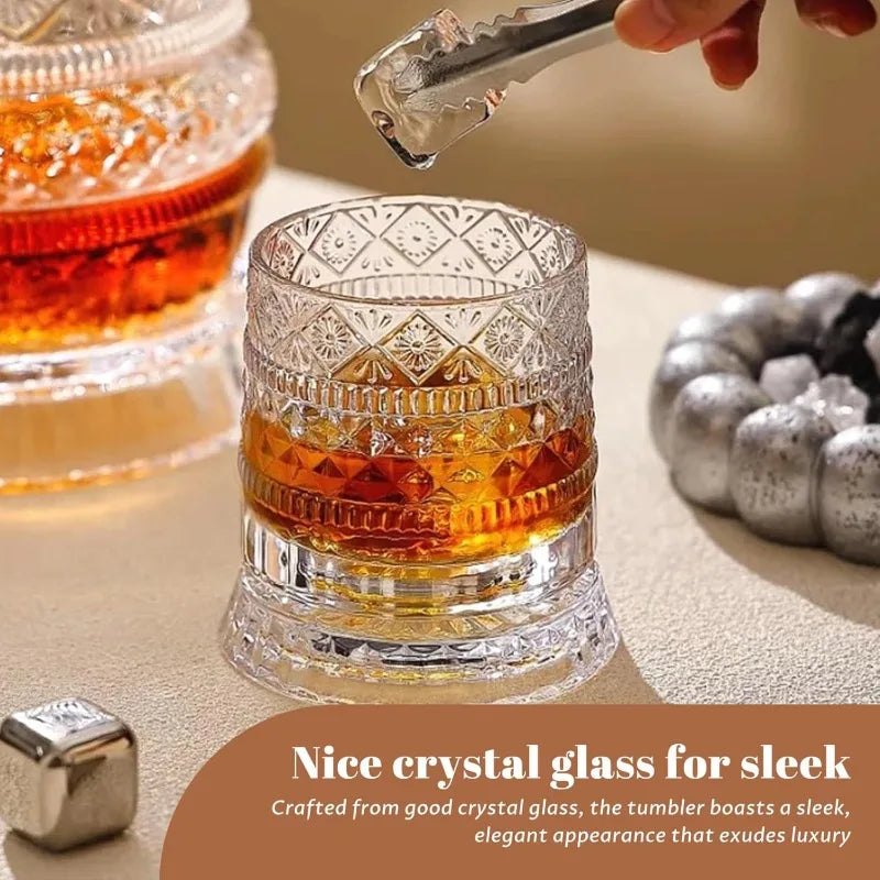 Veltora 280ml rotating crystal whiskey glass with elegant design, ideal for rum, cocktails, and premium beer drinking at parties.