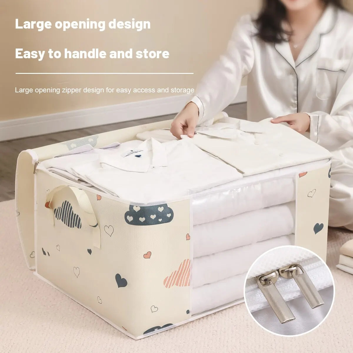 Veltora large capacity clothing storage bag with reinforced handle, sturdy zipper, ideal for blankets and bedding organization.
