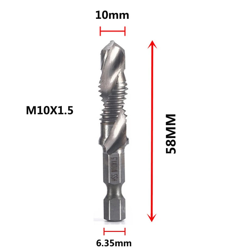 Veltora titanium plated HSS screw thread tap drill bits set with hex shank for metric M3 to M10 screw machining and hand tools.