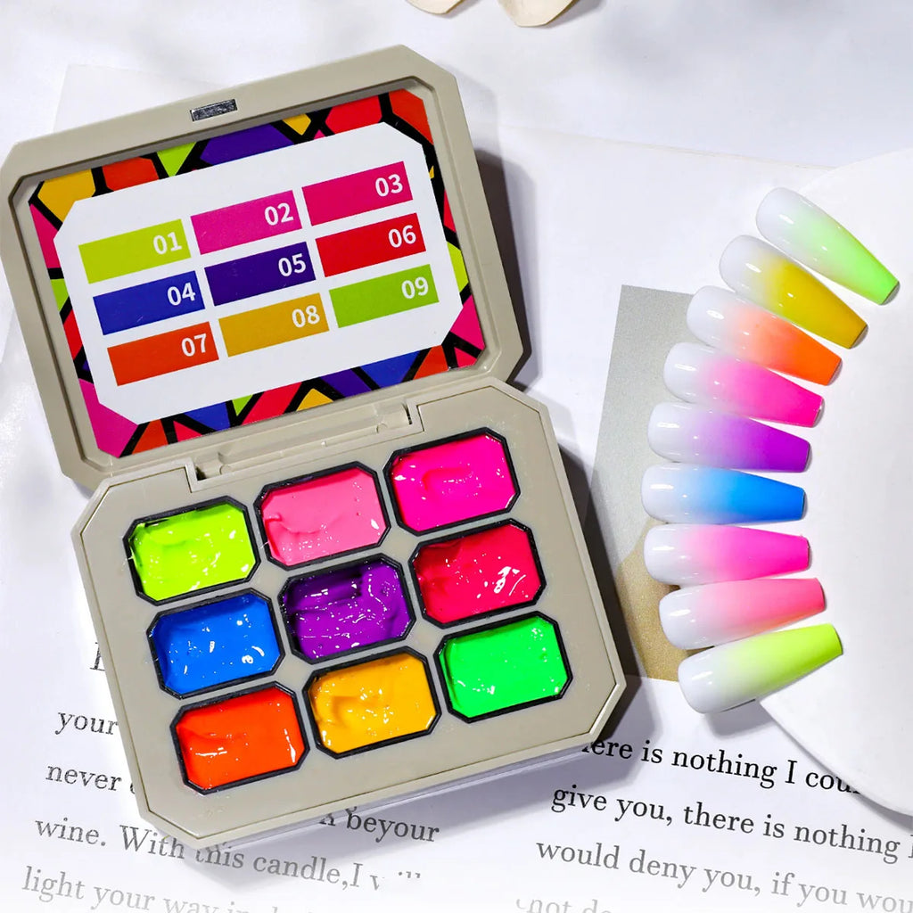 Veltora nine grid fluorescent gel transfer set with rainbow bright colors for UV and LED nail art, high saturation, salon and DIY use