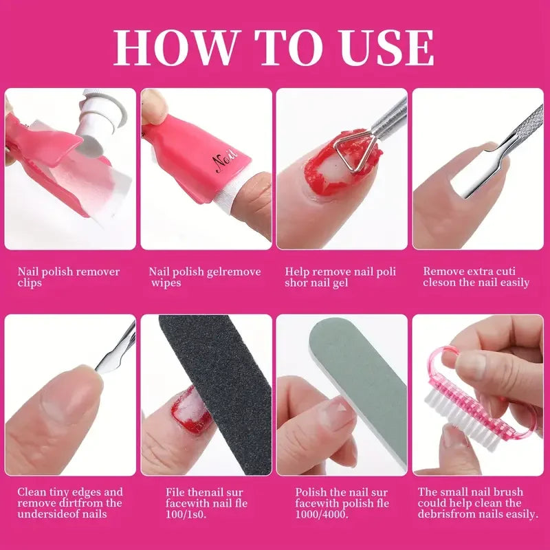 Veltora nail soak-off clip and cap set with cotton pads, file, pusher, and brush for UV gel polish removal and manicure care.